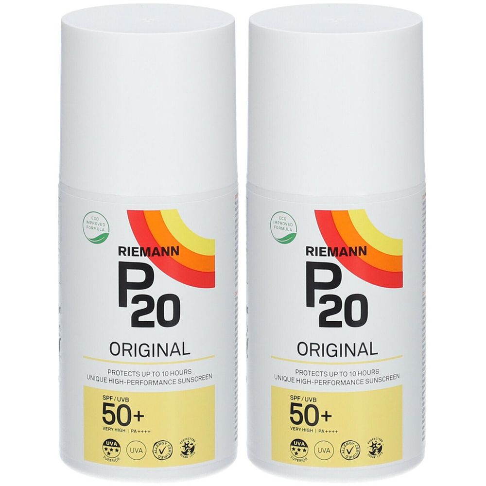 Zwei Sonnenschutzmittel-Flaschen. Weiß, mit farbigem Logo und Text. SPF 50+.