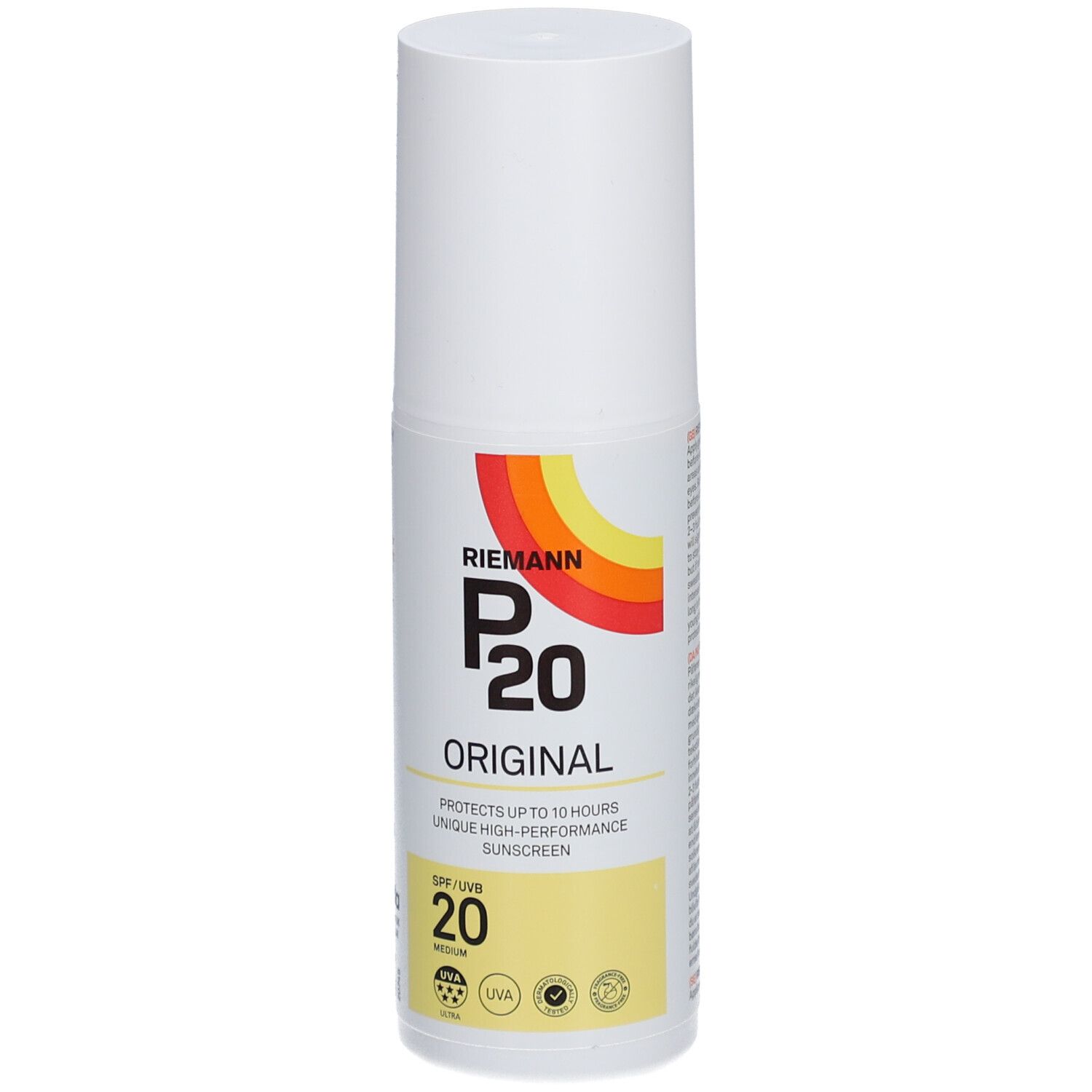 Weiße Flasche mit P20 Original SPF20. Aufschrift: schützt bis zu 10 Stunden. Gelbe SPF 20-Anzeige. Farbiger Streifen.