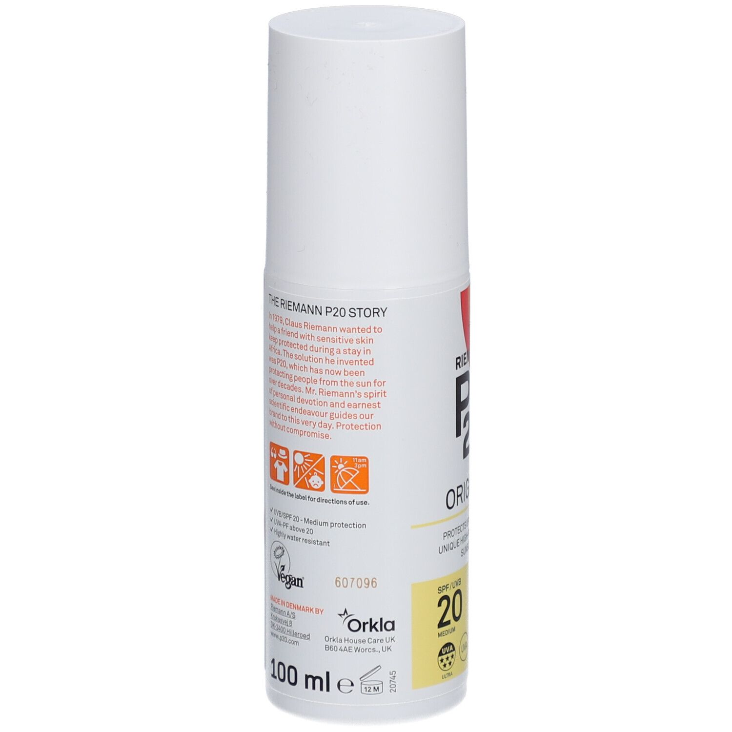 Weiße Flasche P20 Original SPF20. Rückseite mit Text und Symbolen. Vegan-Logo. 100 ml.