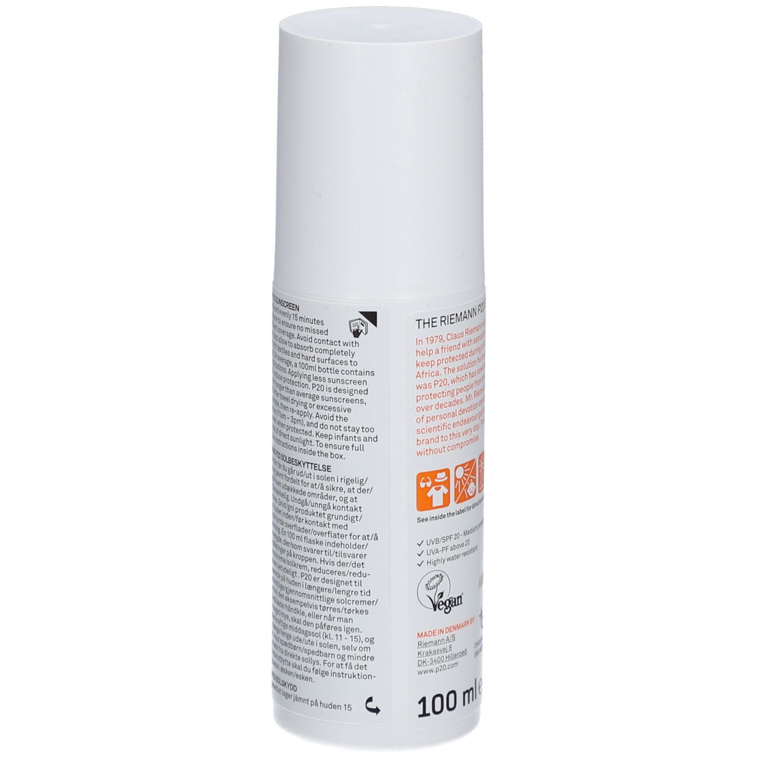 Weiße Flasche P20 Original SPF20. Rückseite mit Text und Symbolen. Vegan-Logo. 100 ml.