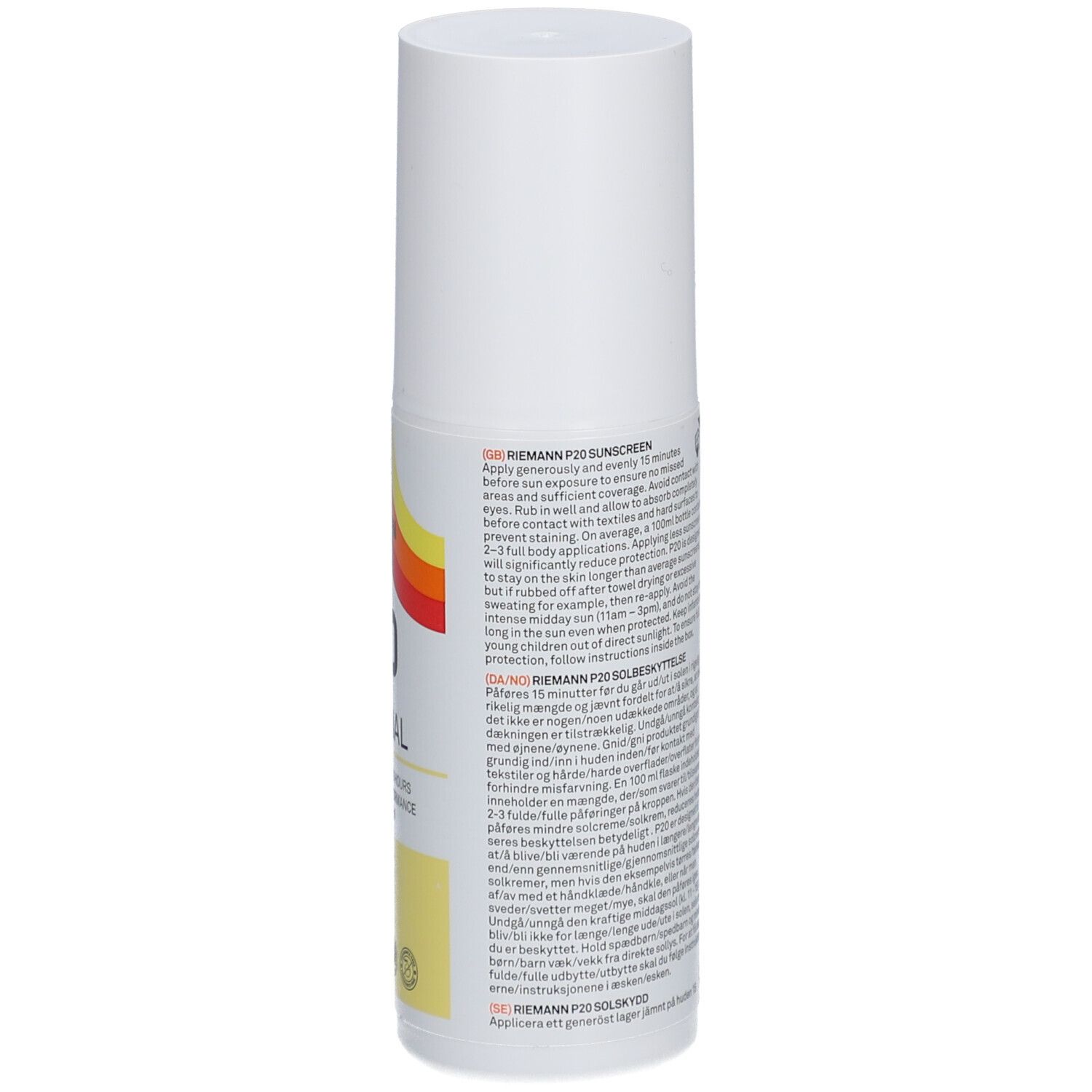 Weiße Flasche P20 Original SPF20. Rückseite mit Text in mehreren Sprachen. 100 ml.