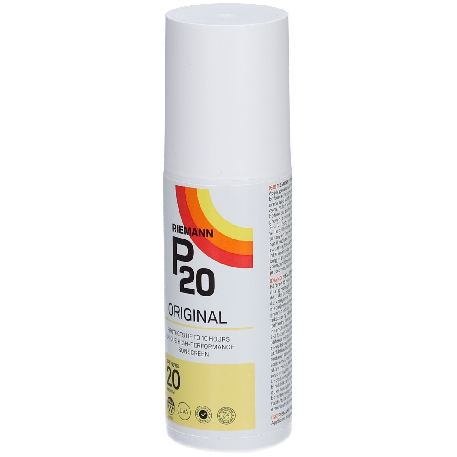 Weiße Flasche P20 Original SPF20. Aufschrift: schützt bis zu 10 Stunden. Gelbe SPF 20-Anzeige. Farbiger Streifen.