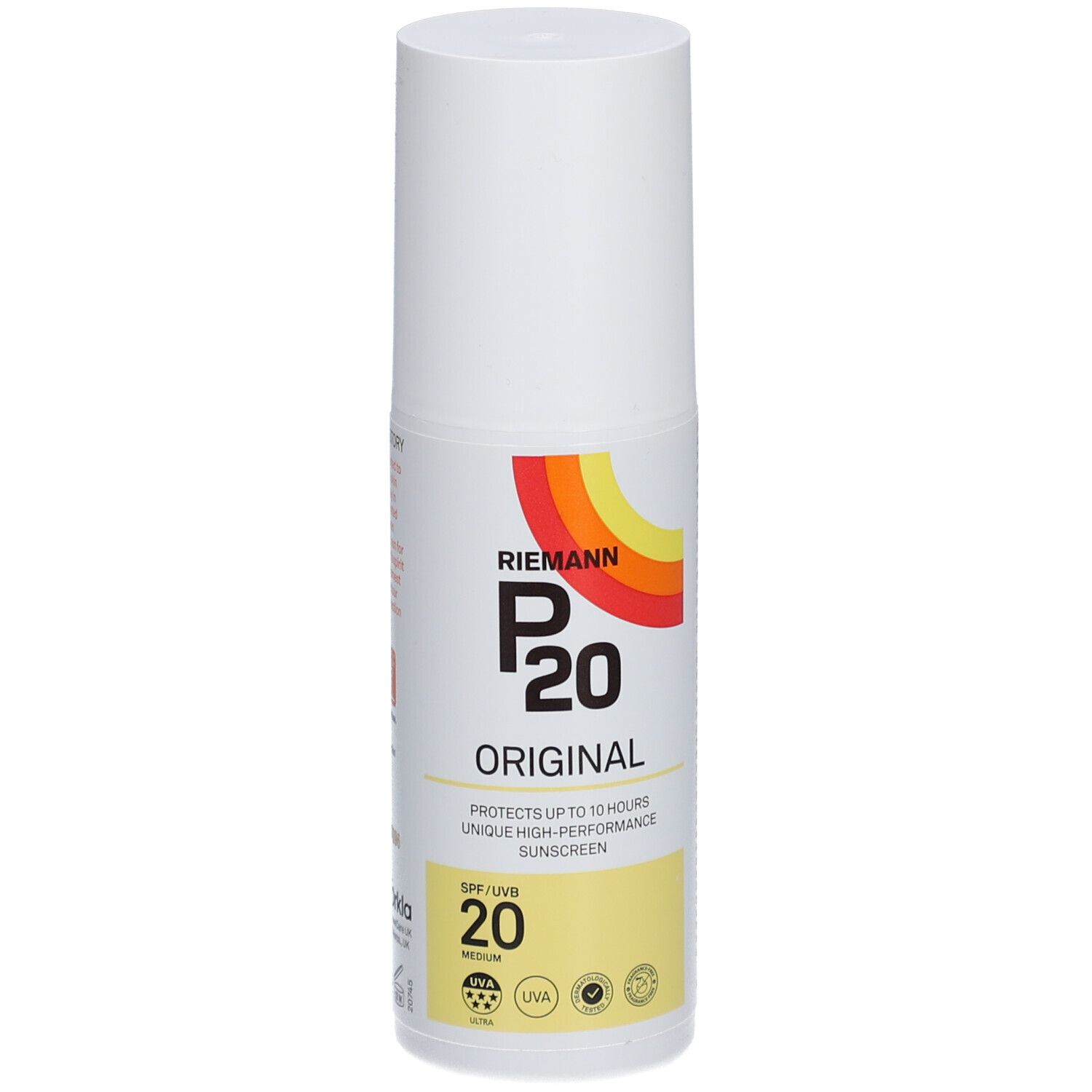 Weiße Flasche P20 Original SPF20. Aufschrift: schützt bis zu 10 Stunden. Gelbe SPF 20-Anzeige. Farbiger Streifen.