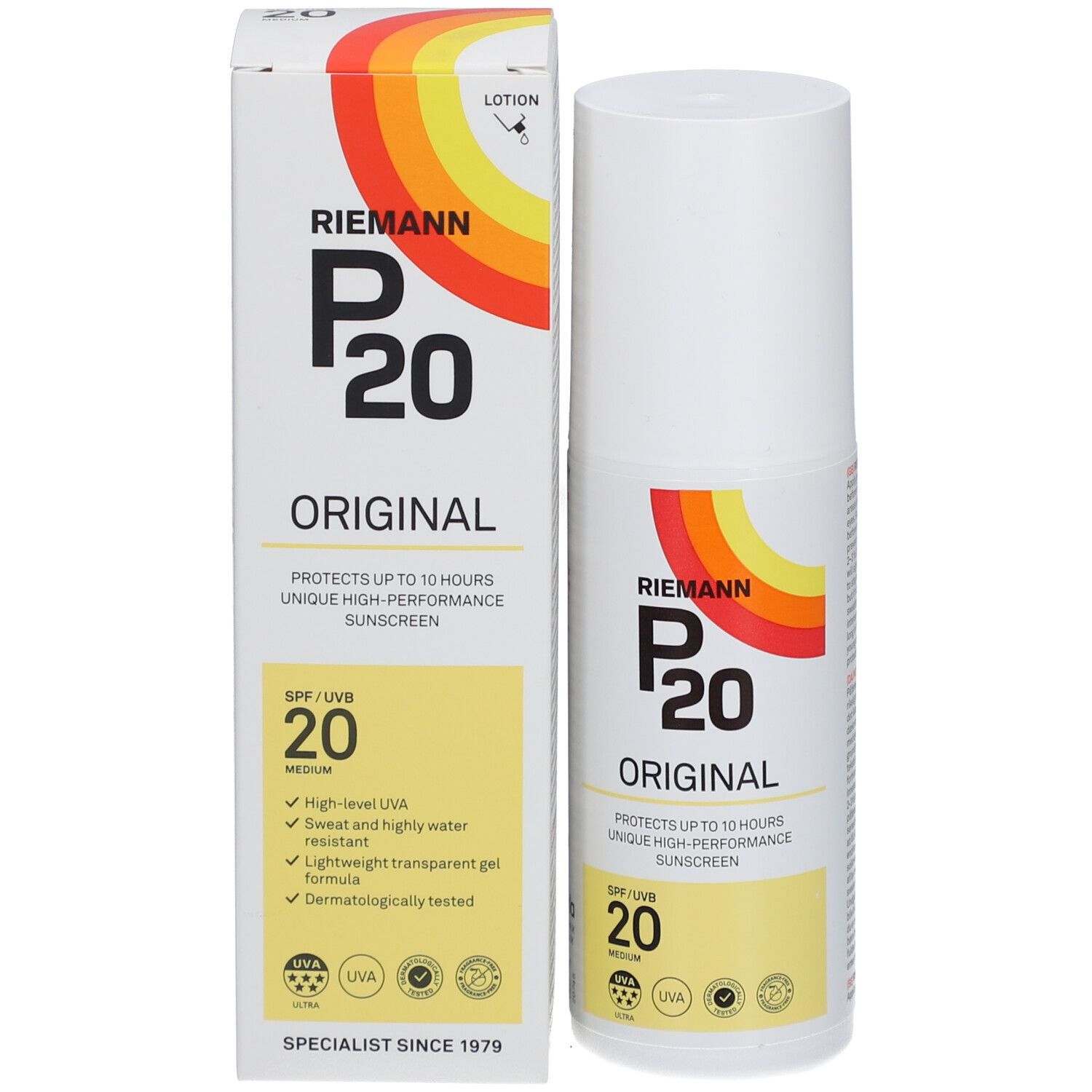 P20 Original SPF20 Flasche und Verpackung. Aufschrift: schützt bis zu 10 Stunden. Gelbe SPF 20-Anzeige. Farbiger Streifen.