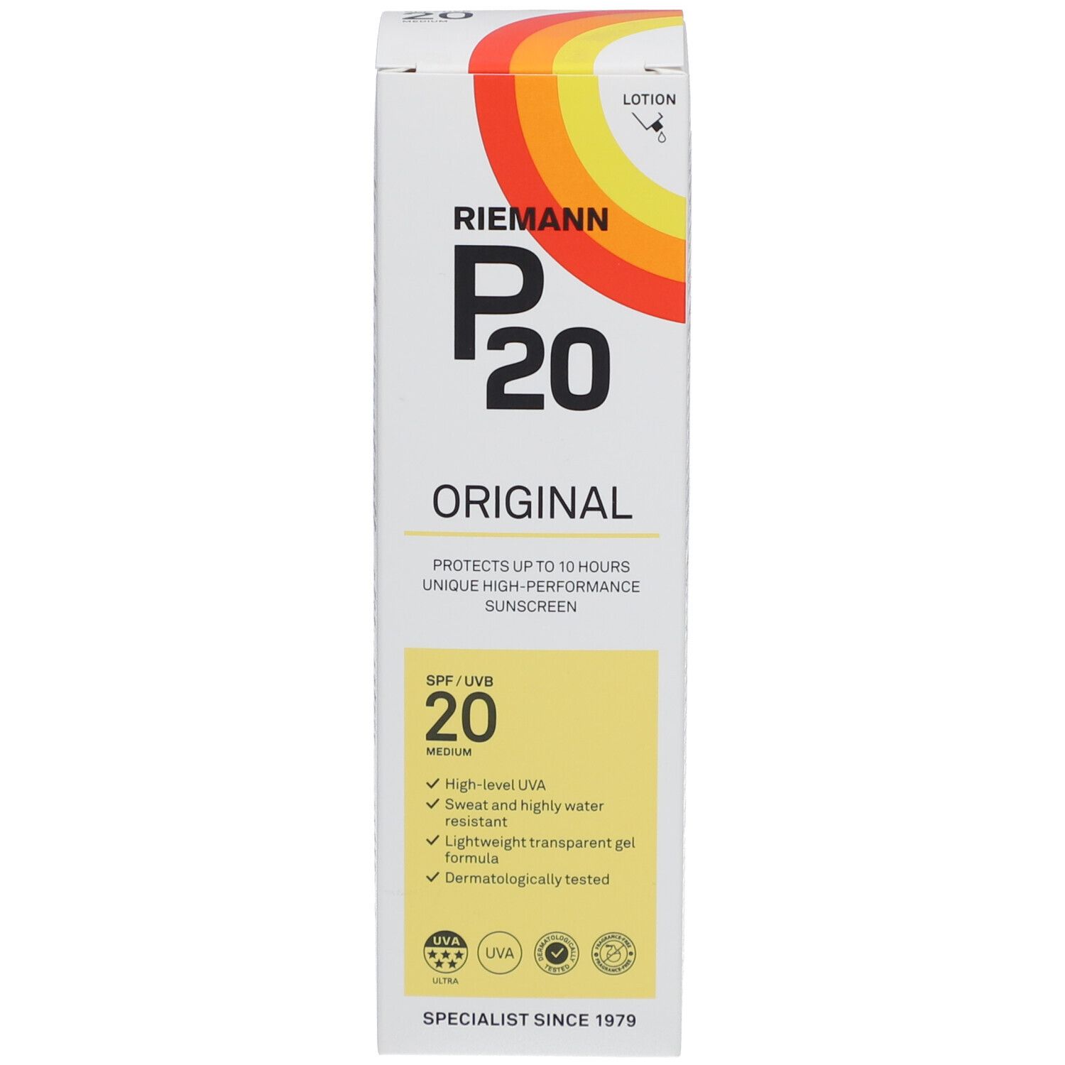 P20 Original SPF20 Verpackung. Aufschrift: schützt bis zu 10 Stunden. Gelbe SPF 20-Anzeige. Farbiger Streifen.