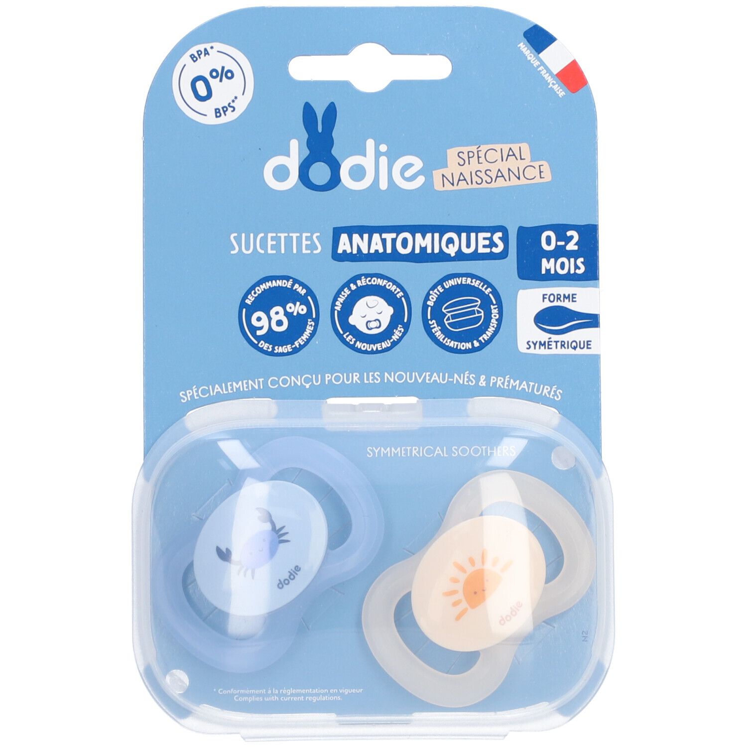 Zwei blaue und beige Schnuller in Verpackung. Anatomische Form, 0-2 Monate. Marke Dodie, BPA-frei.