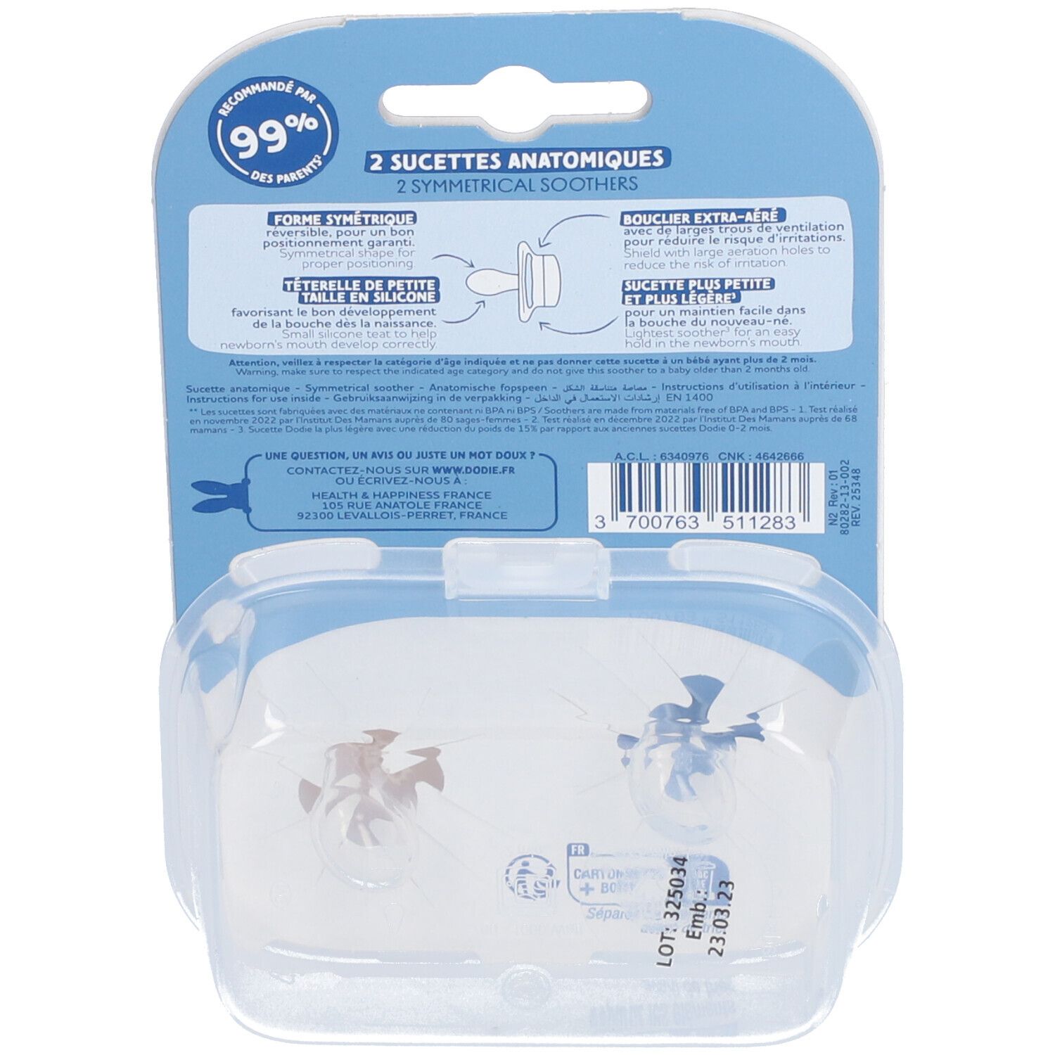 Rückseite der Verpackung mit zwei Schnullern. Anatomische Form, 2 Stück. Text und Logos.