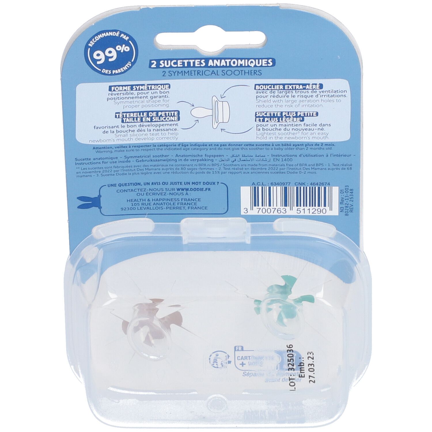 Rückseite der Verpackung mit zwei Schnullern. Transparente Kunststoffbox. Text: 2 Sucettes Anatomiques, Forme Symétrique.