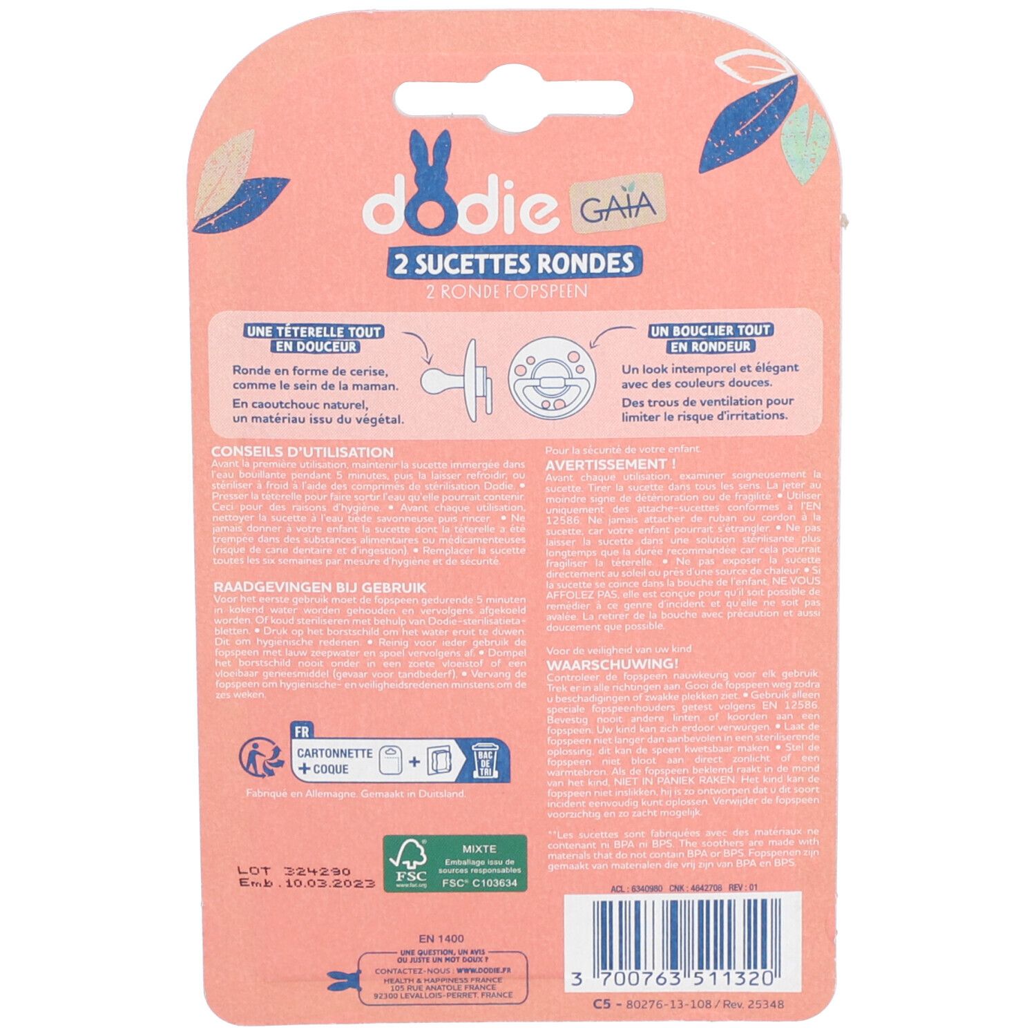 Dos de l'emballage avec informations produit. Dodie, 2 sucettes rondes en caoutchouc naturel. Certifié FSC.