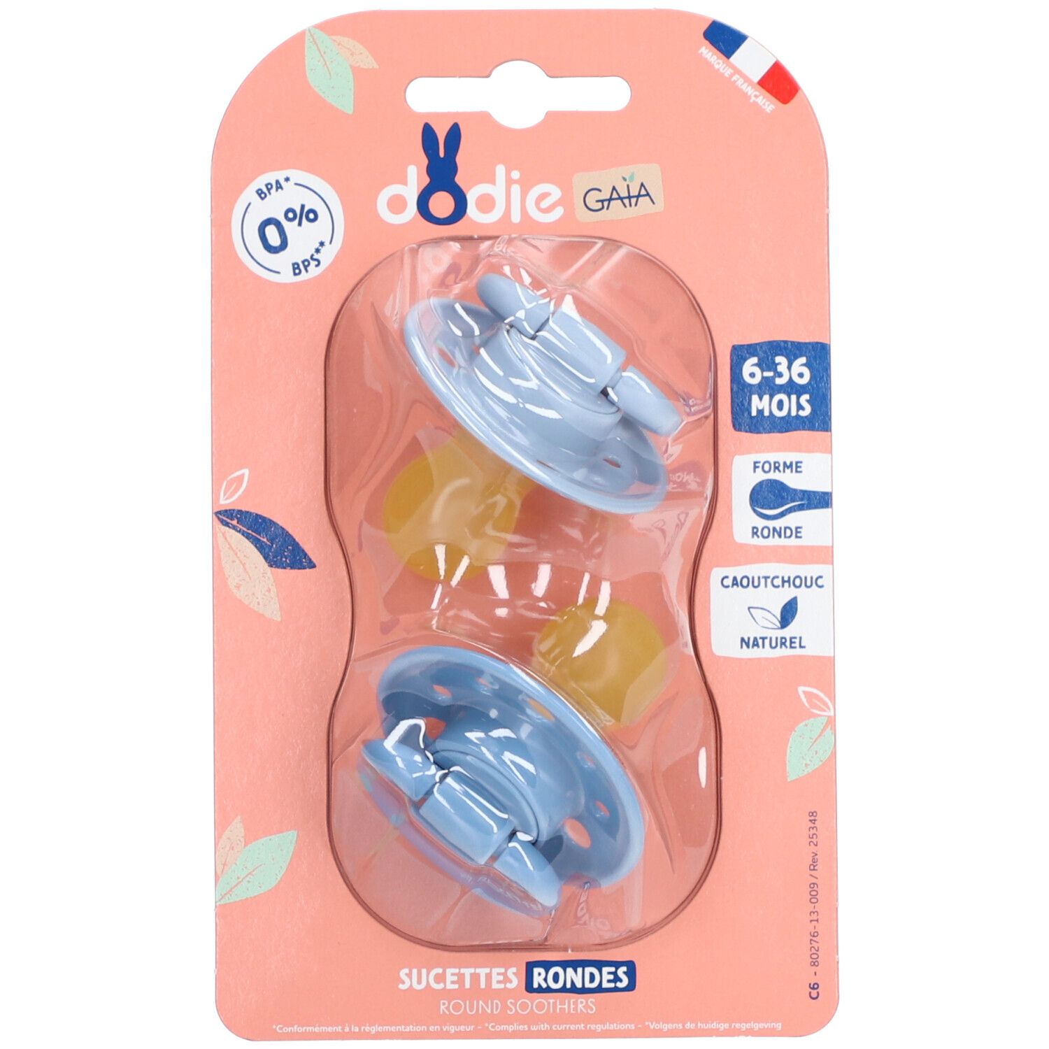 Zwei blaue Schnuller in Blisterverpackung. Aufschrift: Dodie, 0-6 Monate, BPA 0%.