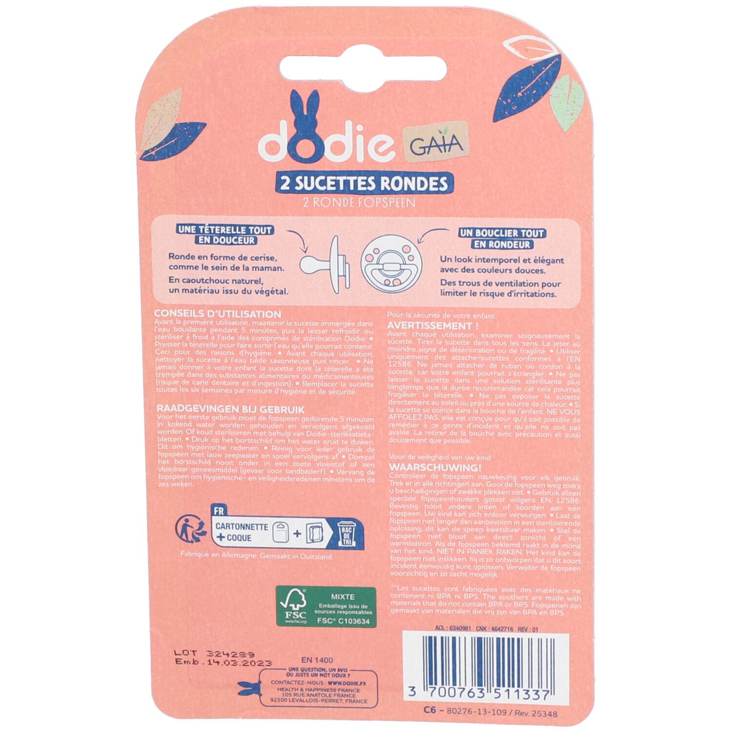 Rückseite der Verpackung mit Produktinformationen und Logos. Aufschrift: Dodie, 2 runde Schnuller.