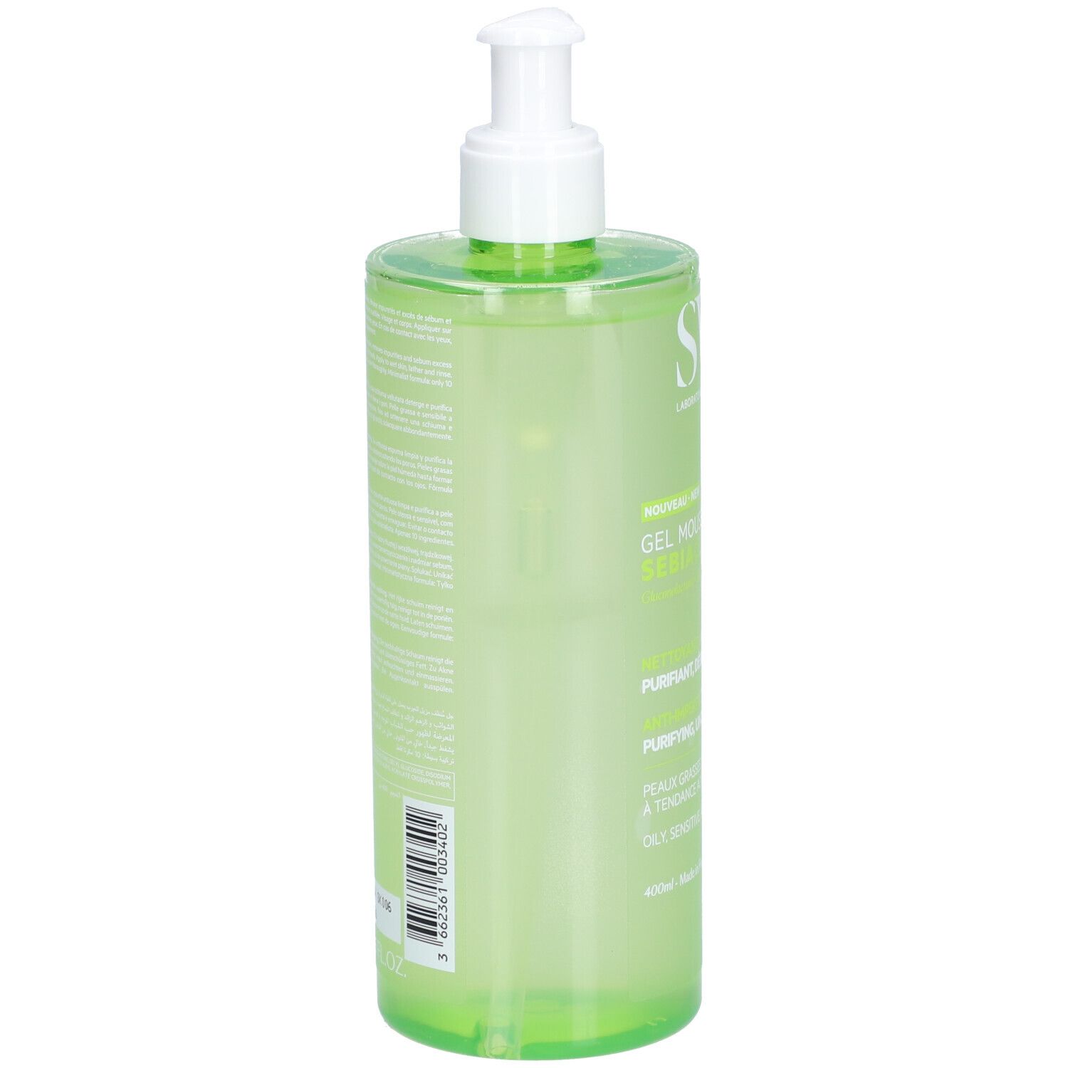 Grüne Flasche mit weißem Pumpverschluss. Aufschrift SVR, Gel Moussant Sebiaclear. Rückseite mit Text.