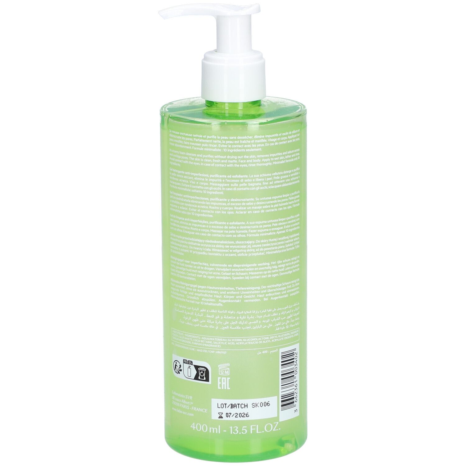 Grüne Flasche mit weißem Pumpverschluss. Aufschrift SVR, Gel Moussant Sebiaclear. Rückseite mit Text und Volumenangabe.