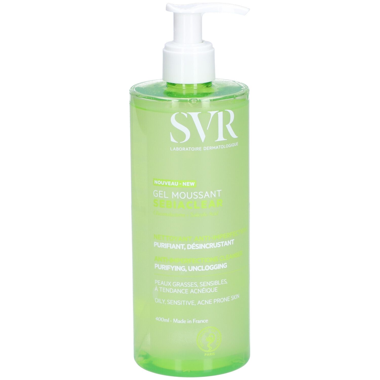 Grüne Flasche mit weißem Pumpverschluss. Aufschrift SVR, Gel Moussant Sebiaclear. Text: Purifiant, Désincrustant.