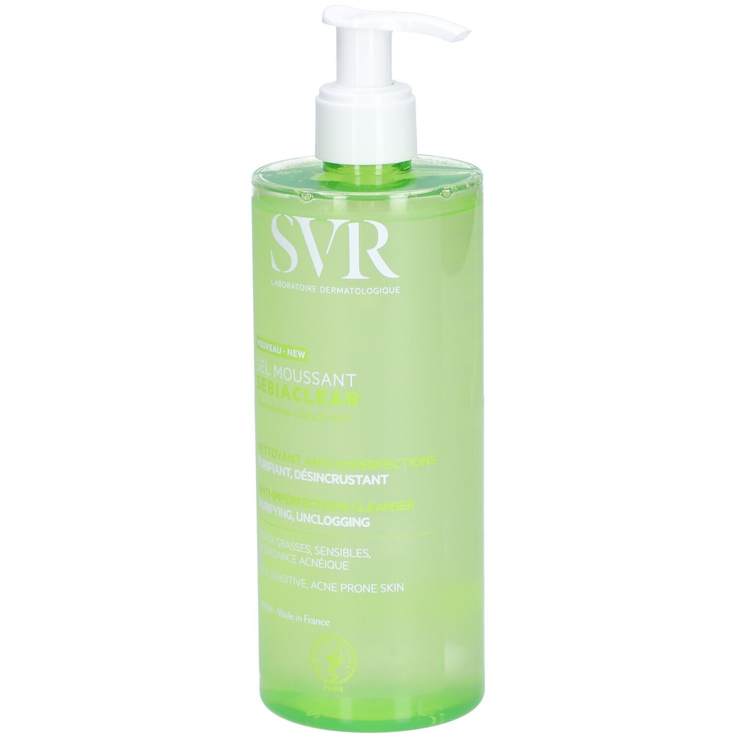 Grüne Flasche mit weißem Pumpverschluss. Aufschrift SVR, Gel Moussant Sebiaclear. Text: Purifiant, Désincrustant.
