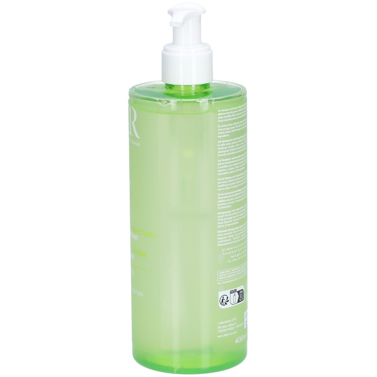 Grüne Flasche mit weißem Pumpverschluss. Aufschrift SVR, Gel Moussant Sebiaclear. Rückseite mit Text.