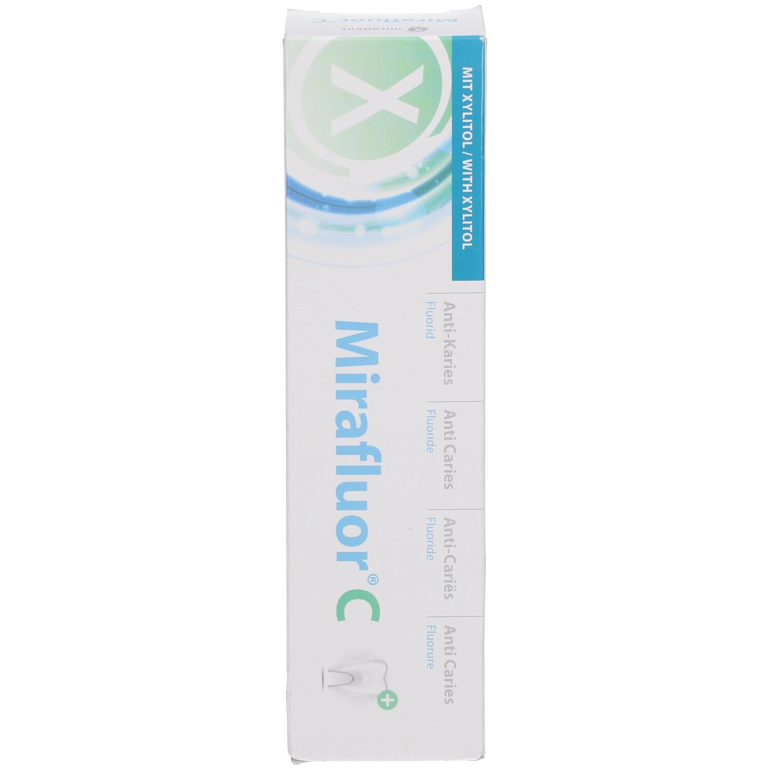 Verpakking Miradent Mirafluor C. Tekst: Anti-cariës, Fluoride. Logo en tekst. Met Xylitol.