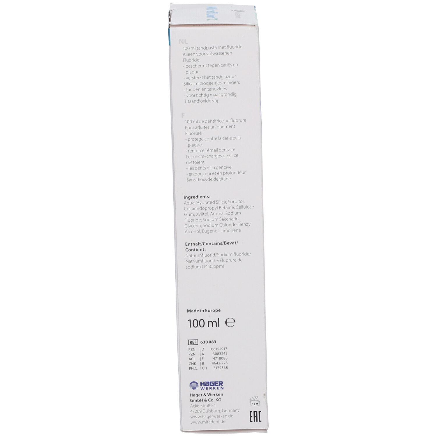 Achterkant van de verpakking Miradent Mirafluor C. Tekst, ingrediënten, fabrikantinfo. 100 ml.