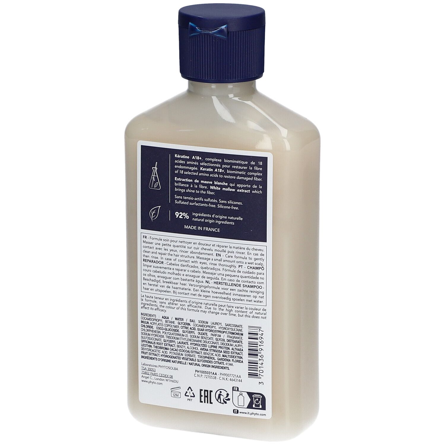 Achterkant fles PHYTO Repairing Shampoo. Tekstinformatie. 92% ingrediënten van natuurlijke oorsprong. Gemaakt in Frankrijk.