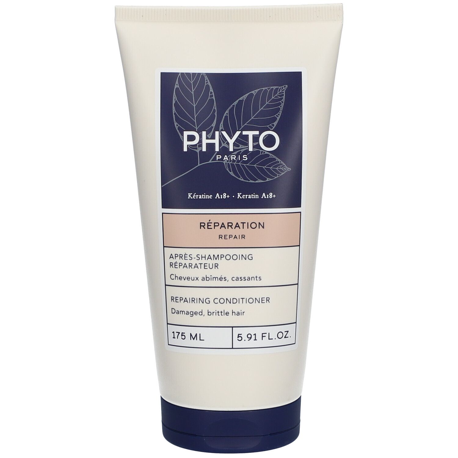 Tube de crème avec étiquette. Inscription: PHYTO PARIS, Réparation, Repairing Conditioner. 175 ml.
