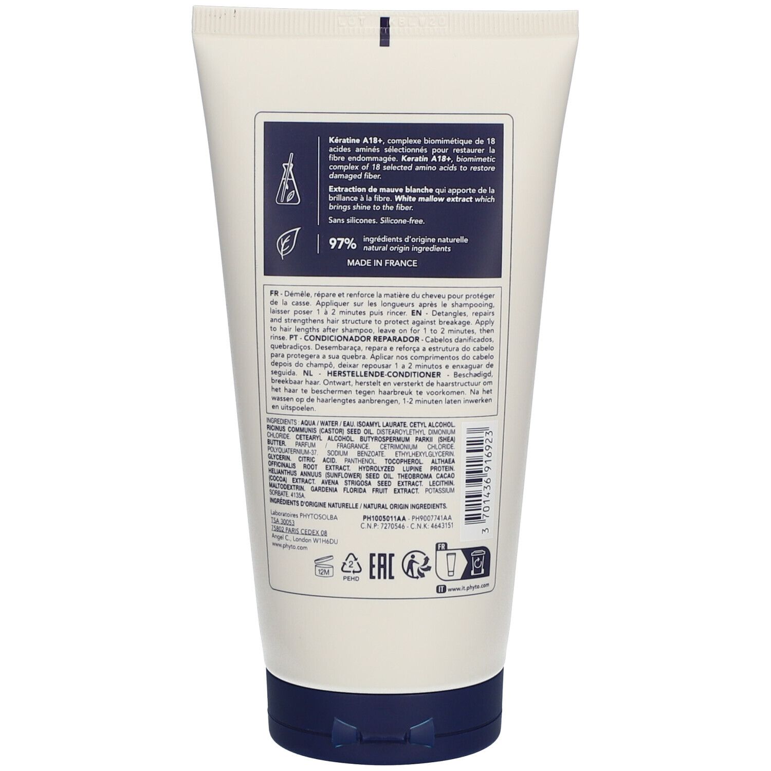Dos d'un tube de crème avec informations sur le produit et ingrédients. Texte en plusieurs langues.