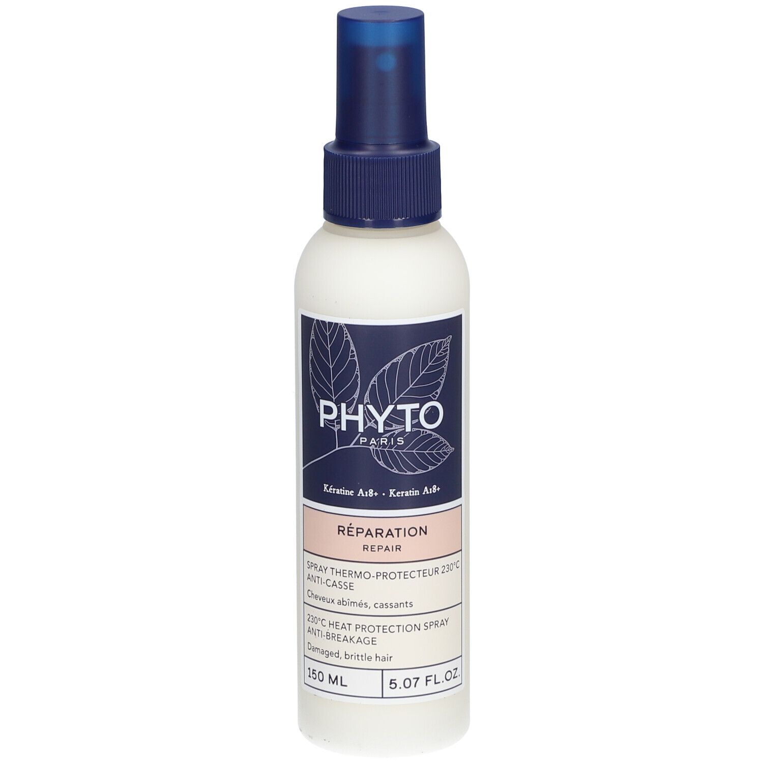 Weißes Spray mit blauem Sprühkopf. Aufkleber mit Logo und Text. 150 ml. Hitzeschutz-Spray.