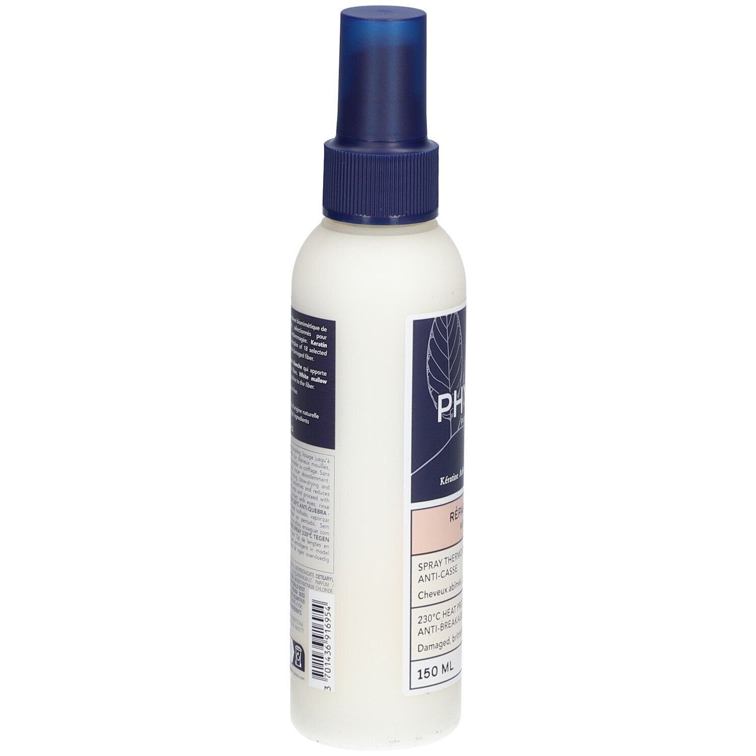 Weißes Spray mit blauem Sprühkopf. Aufkleber mit Text. 150 ml. Hitzeschutz-Spray. Seitenansicht.