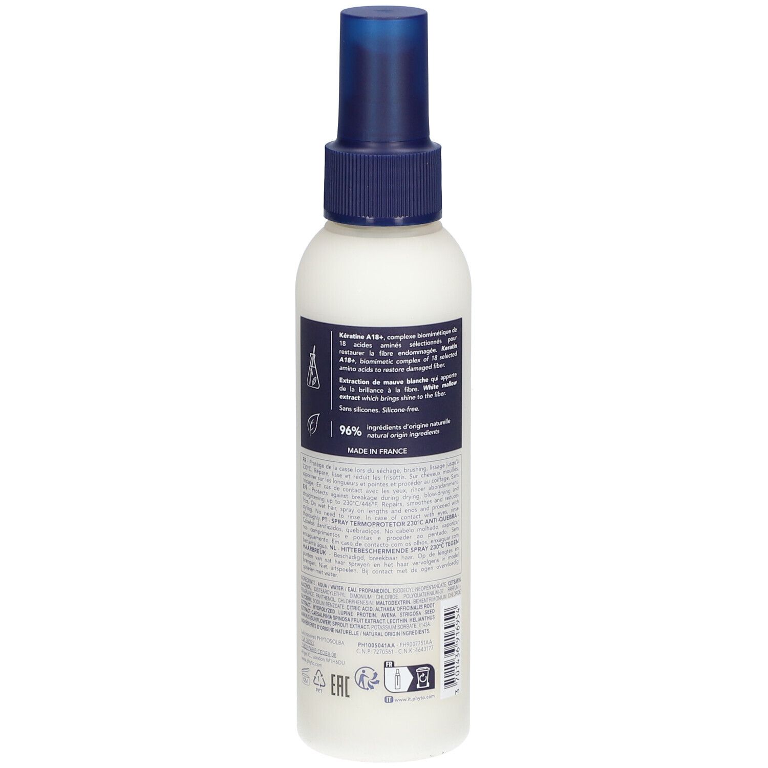 Weißes Spray mit blauem Sprühkopf. Rückseite mit Text. 150 ml. Hitzeschutz-Spray. Detailansicht.