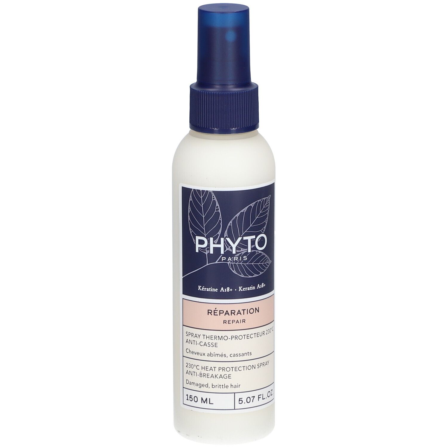 Weißes Spray mit blauem Sprühkopf. Aufkleber mit Logo und Text. 150 ml. Hitzeschutz-Spray.