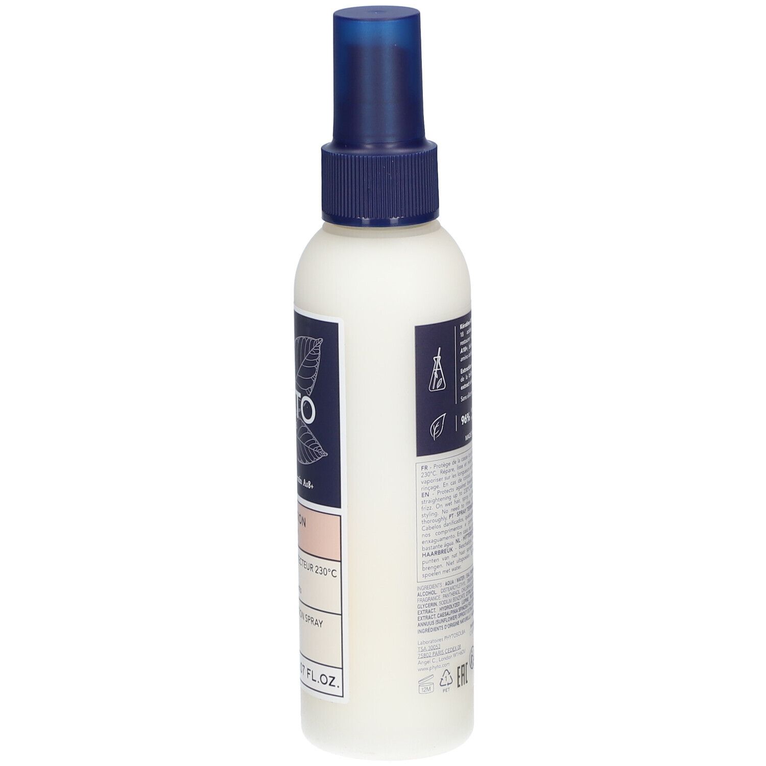 Weißes Spray mit blauem Sprühkopf. Aufkleber mit Text. 150 ml. Hitzeschutz-Spray. Seitenansicht.