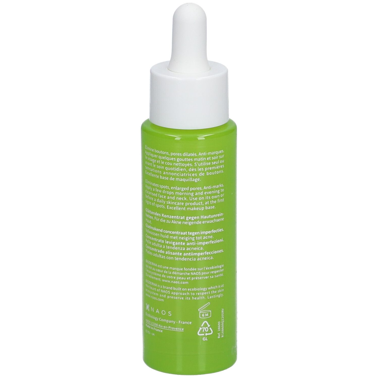 Flacon vert avec bouchon blanc et pipette. Dos avec texte. 30 ml.