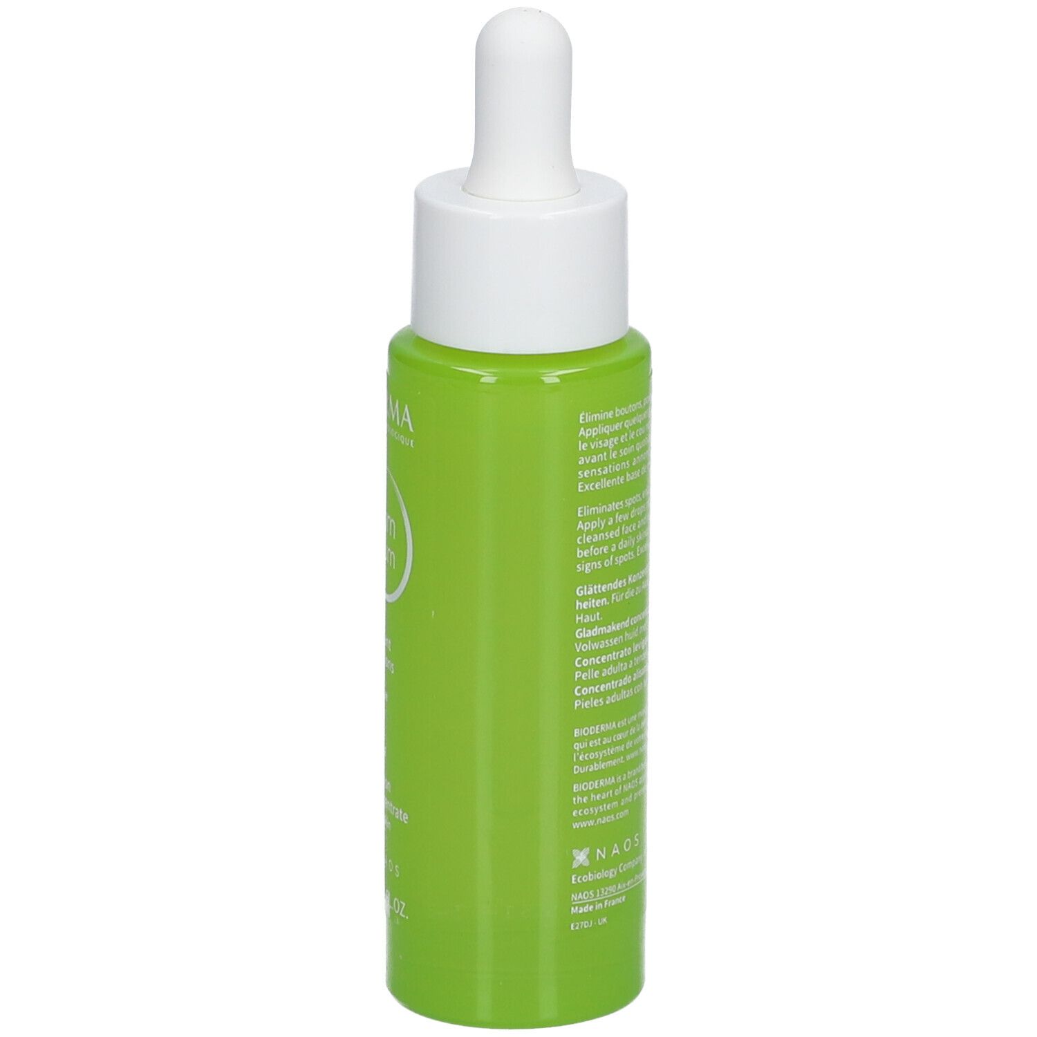 Flacon vert avec bouchon blanc et pipette. Dos avec texte. 30 ml.