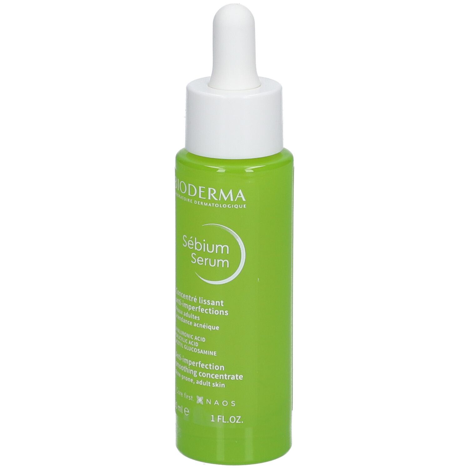 Flacon vert avec bouchon blanc et pipette. Inscription: Bioderma Sébium Serum. 30 ml.