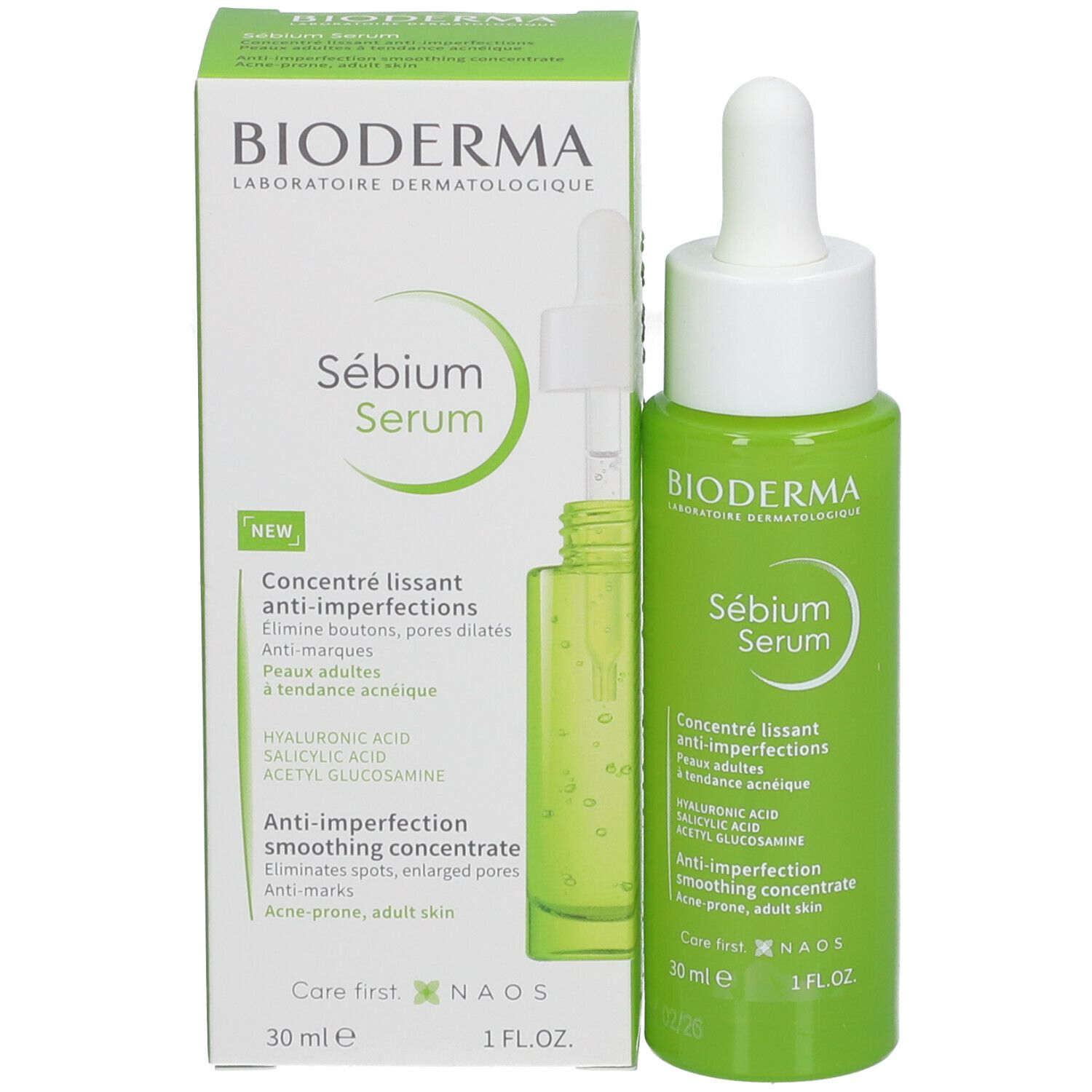Emballage du produit avec flacon et carton. Inscription: Bioderma Sébium Serum. 30 ml.