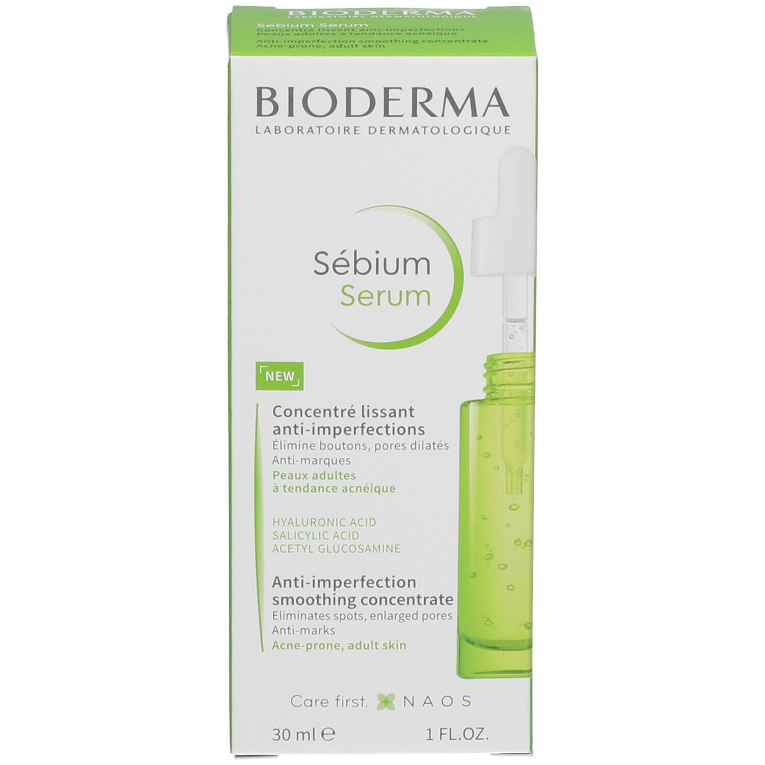Emballage du produit avec flacon et carton. Inscription: Bioderma Sébium Serum. 30 ml.