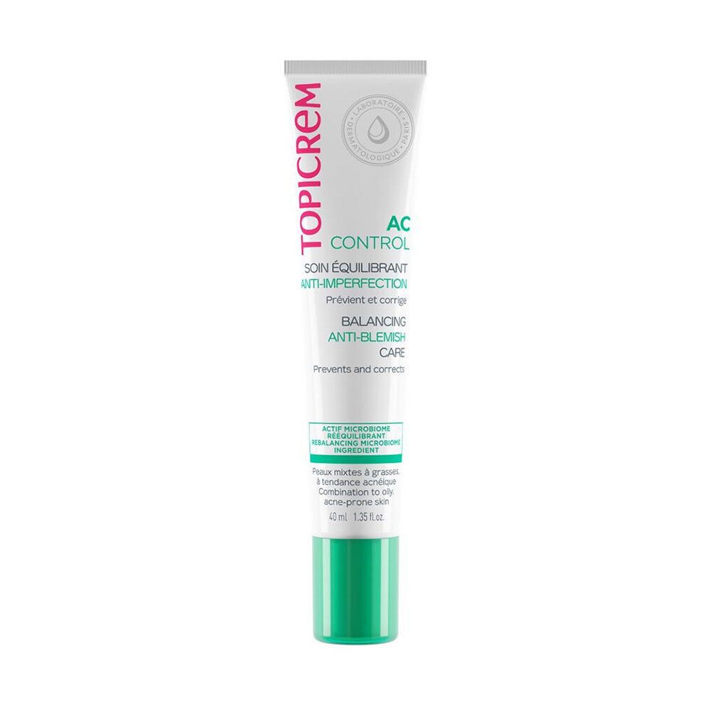 Tube blanc. TOPICREM AC Control, bouchon vert. Texte: Anti-Imperfections, Balancing Anti-Blemish Care. 40ml.