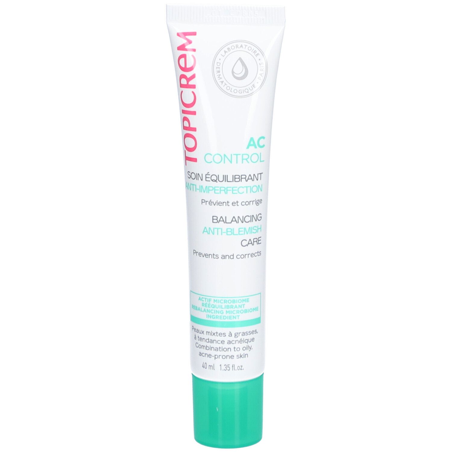 Tube blanc. TOPICREM AC Control, bouchon vert. Texte: Anti-Imperfections, Balancing Anti-Blemish Care. 40ml.