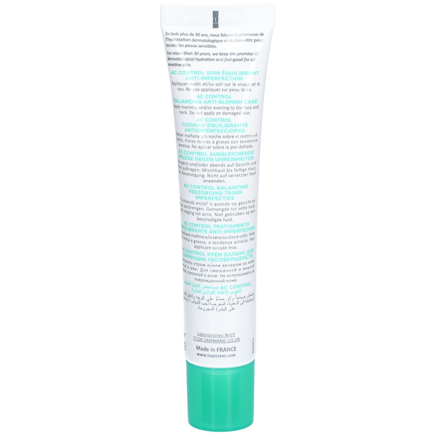 Dos du tube. Texte: AC Control, Anti-Imperfections, Balancing Anti-Blemish Care. Ingrédients, instructions d'utilisation.