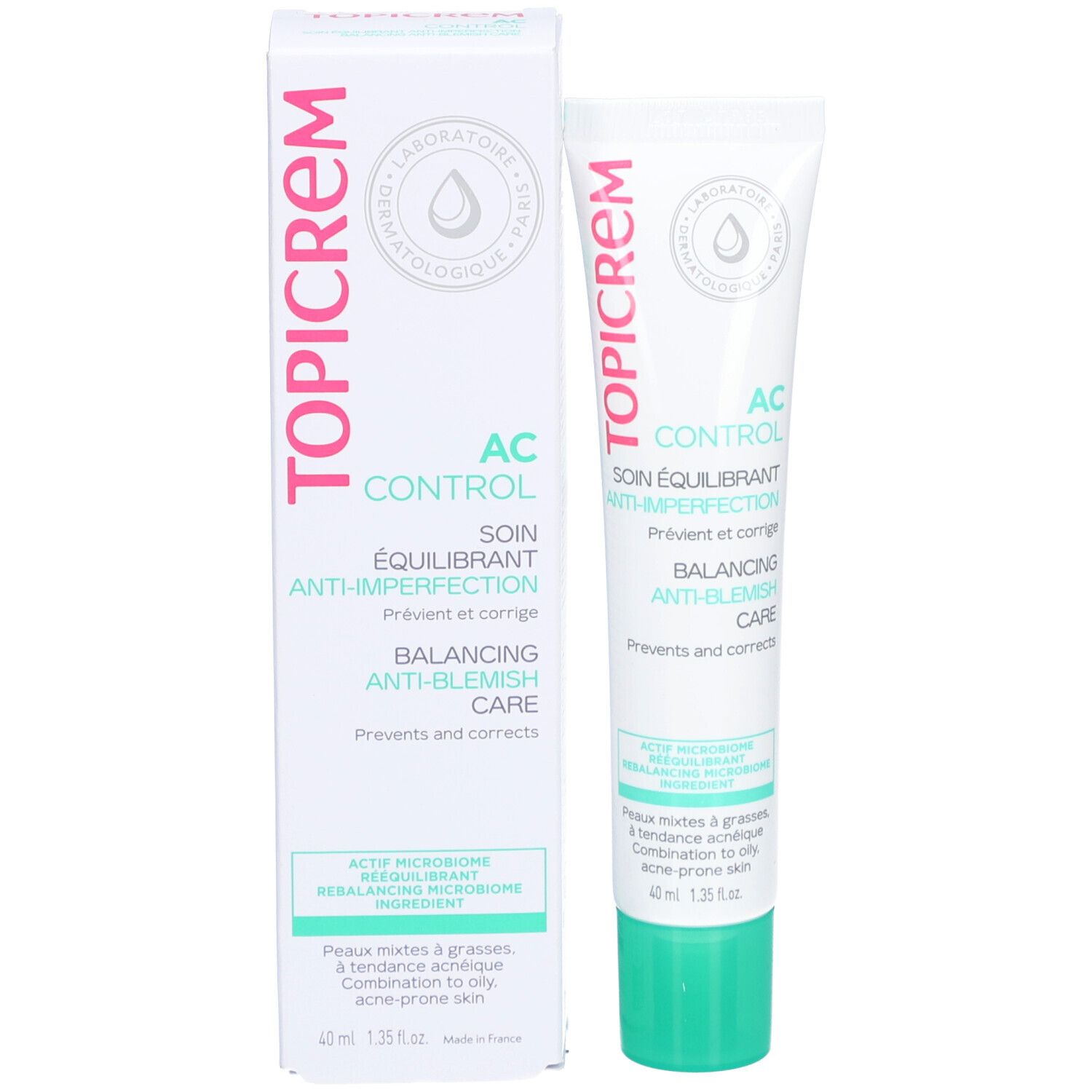 Produit et emballage. TOPICREM AC Control, bouchon vert. Texte: Anti-Imperfections, Balancing Anti-Blemish Care. 40ml.