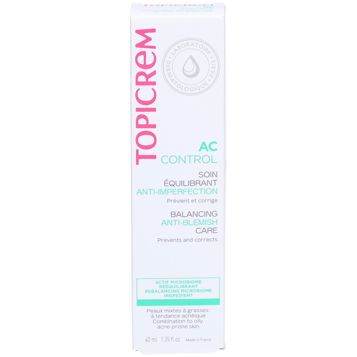 Emballage. TOPICREM AC Control. Texte: Anti-Imperfections, Balancing Anti-Blemish Care. 40ml.