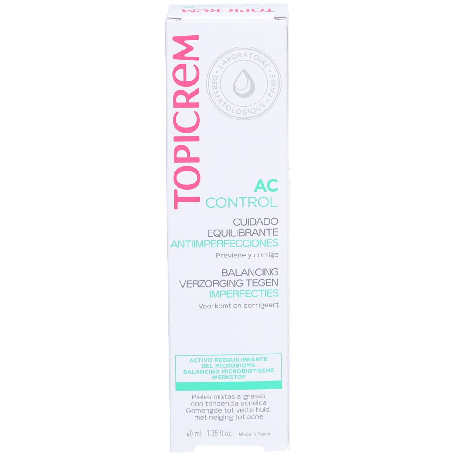 Emballage. TOPICREM AC Control. Texte: Anti-Imperfections, Balancing Anti-Blemish Care. 40ml.