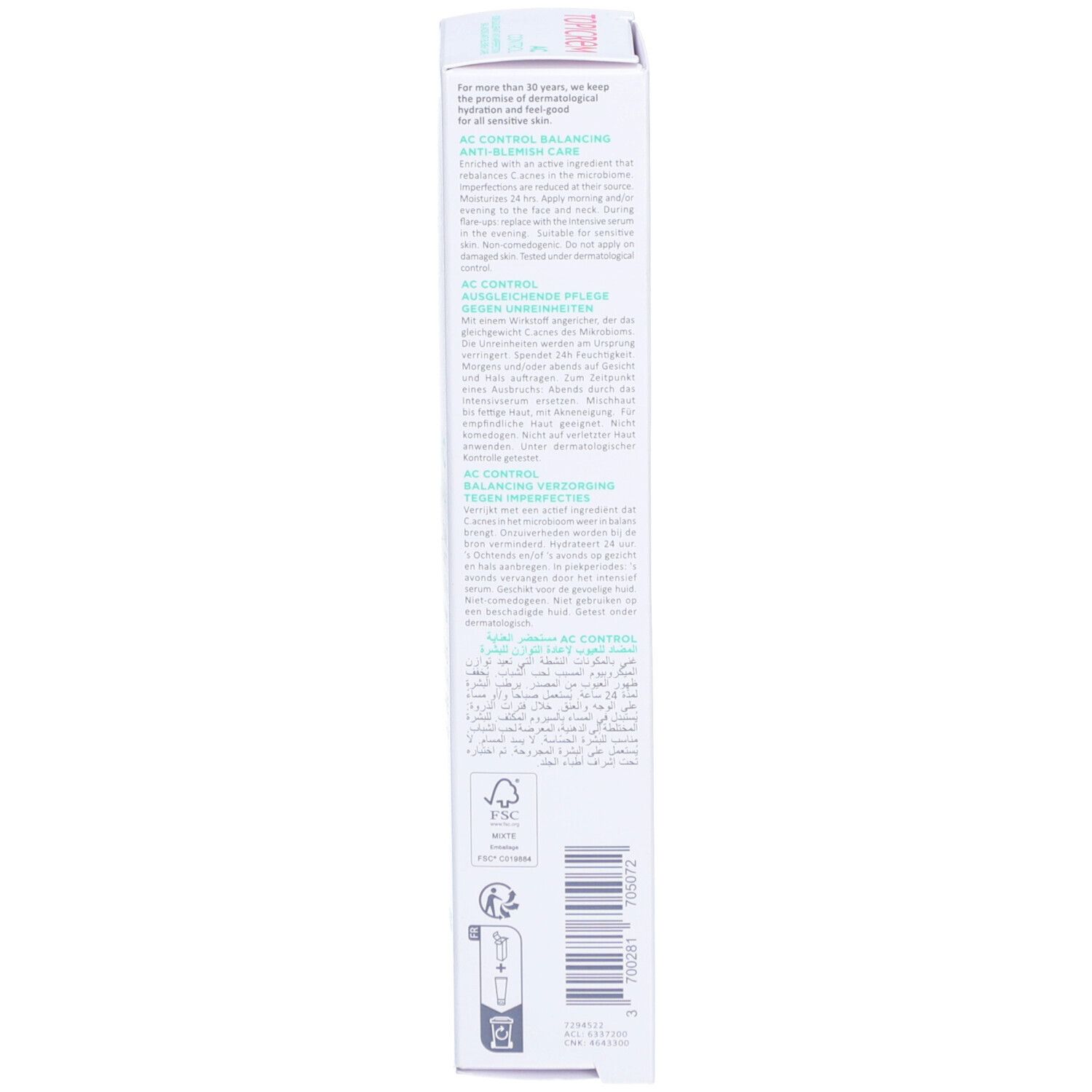 Côté de l'emballage. Texte: AC Control, Anti-Imperfections, Balancing Anti-Blemish Care. Ingrédients, instructions d'utilisation.