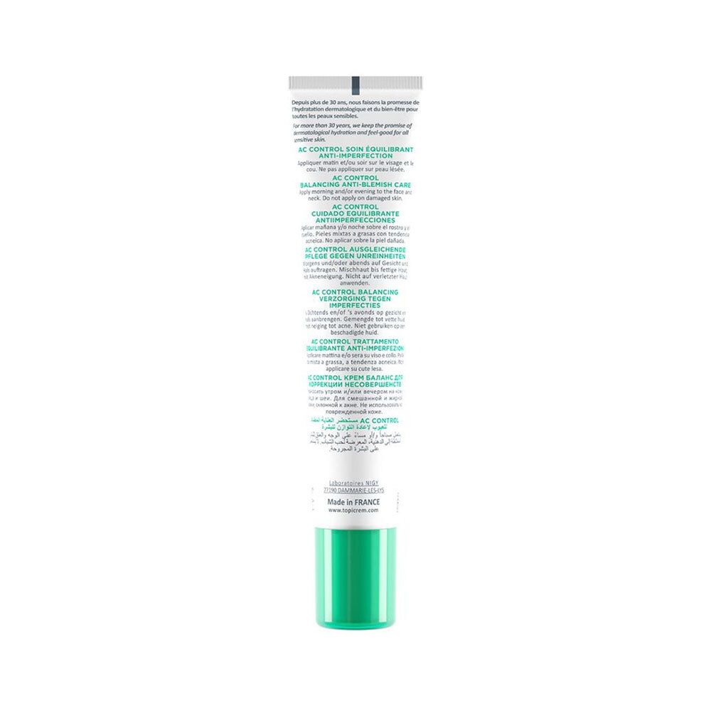Dos du tube. Texte: AC Control, Anti-Imperfections, Balancing Anti-Blemish Care. Ingrédients, instructions d'utilisation.