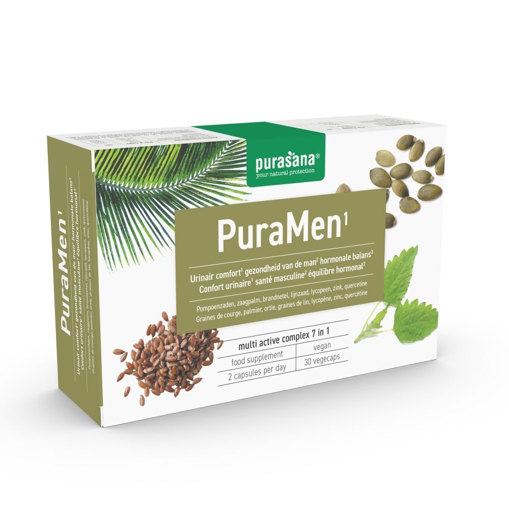 Boîte Purasana PuraMen. Emballage vert et blanc avec nom et ingrédients. Contient 30 gélules végétales.