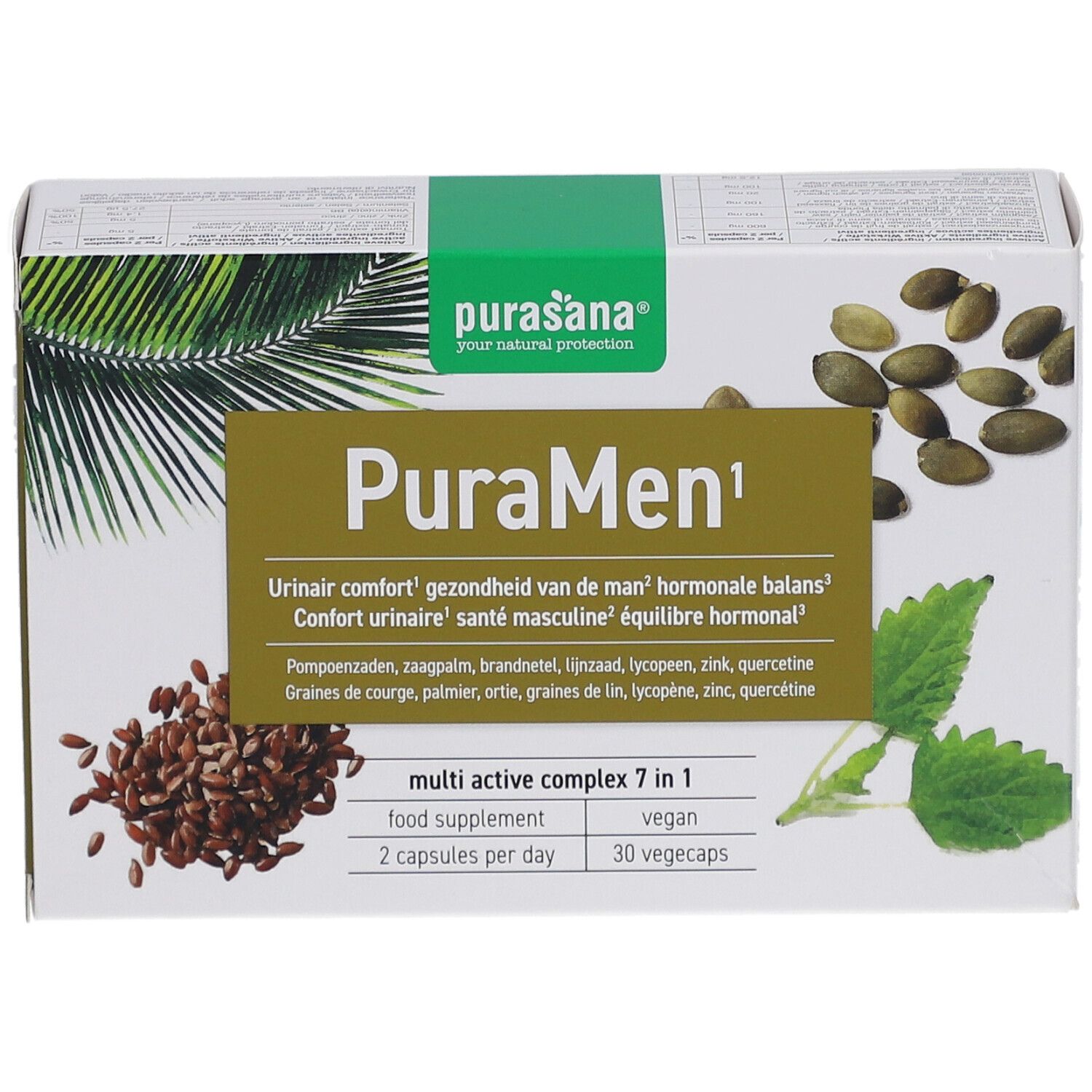 Boîte Purasana PuraMen. Emballage vert et blanc avec nom et ingrédients. Contient 30 gélules végétales.