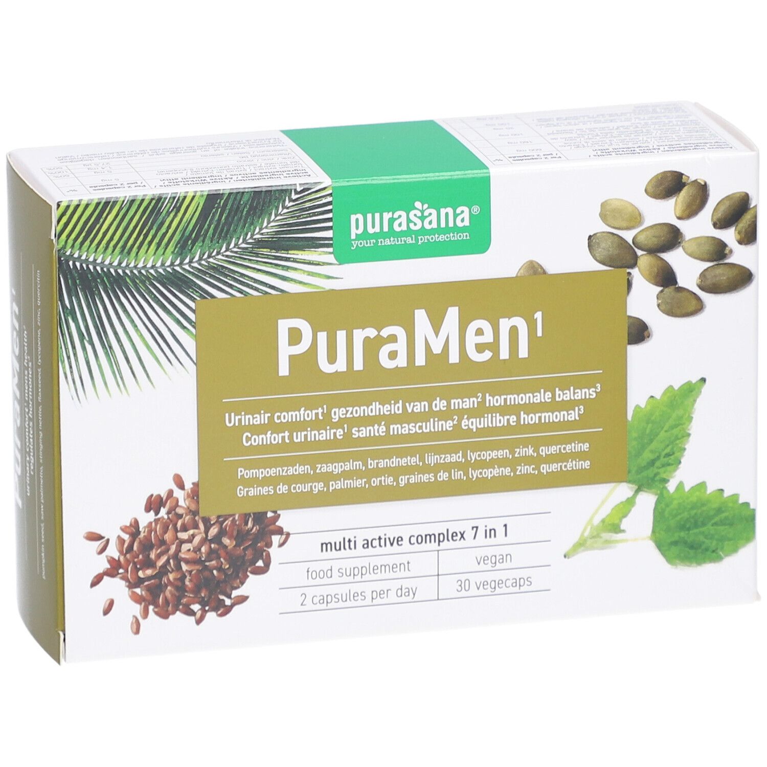 Boîte Purasana PuraMen. Emballage vert et blanc avec nom et ingrédients. Contient 30 gélules végétales.