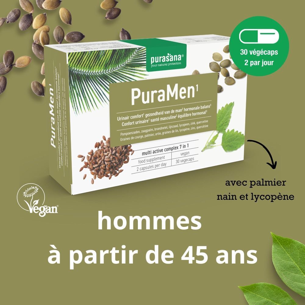 Purasana PuraMen. Texte: 'hommes à partir de 45 ans'. Contient 30 gélules végétales.