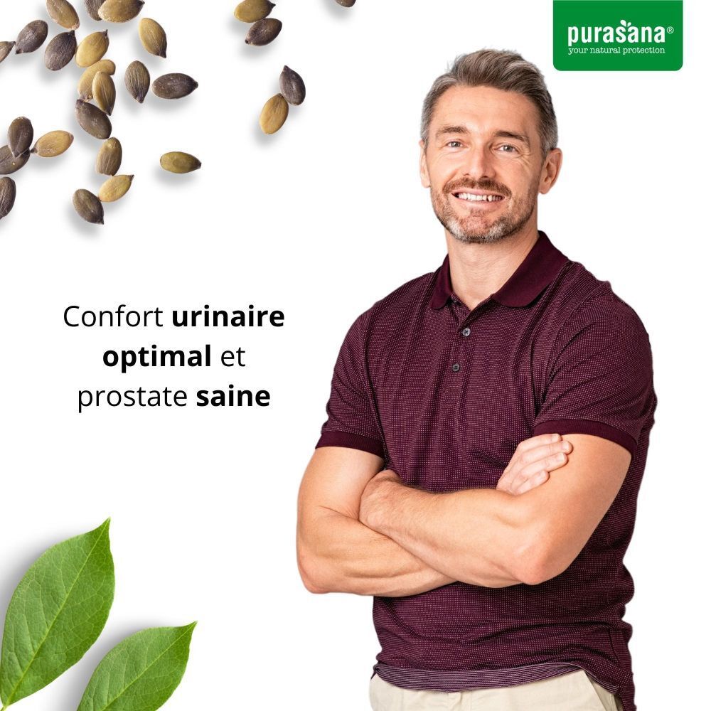 Homme les bras croisés. Texte: 'Confort urinaire optimal et prostate saine'.