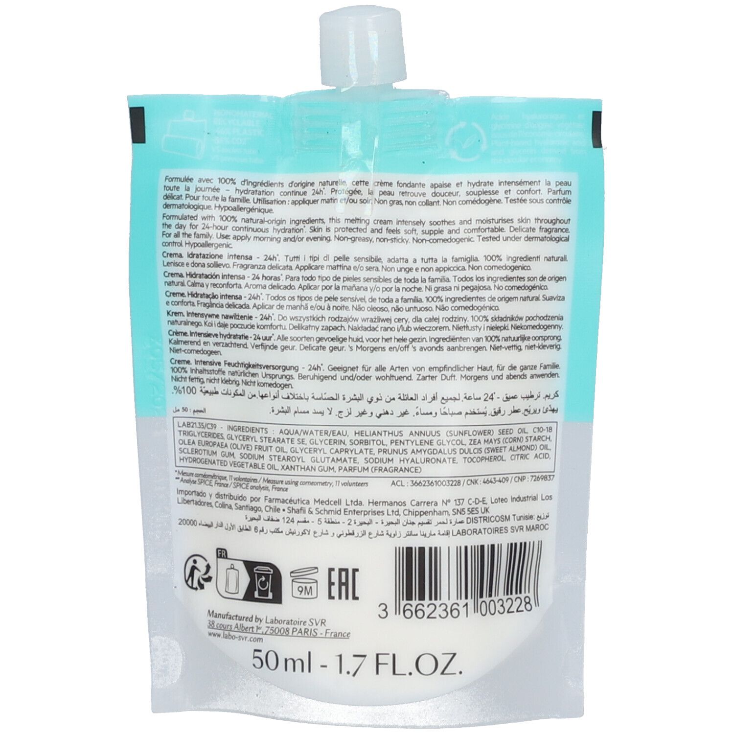 Rückseite der SVR Hydraliane Creme Verpackung. Text in mehreren Sprachen, Inhaltsstoffe und Herstellerinformationen.