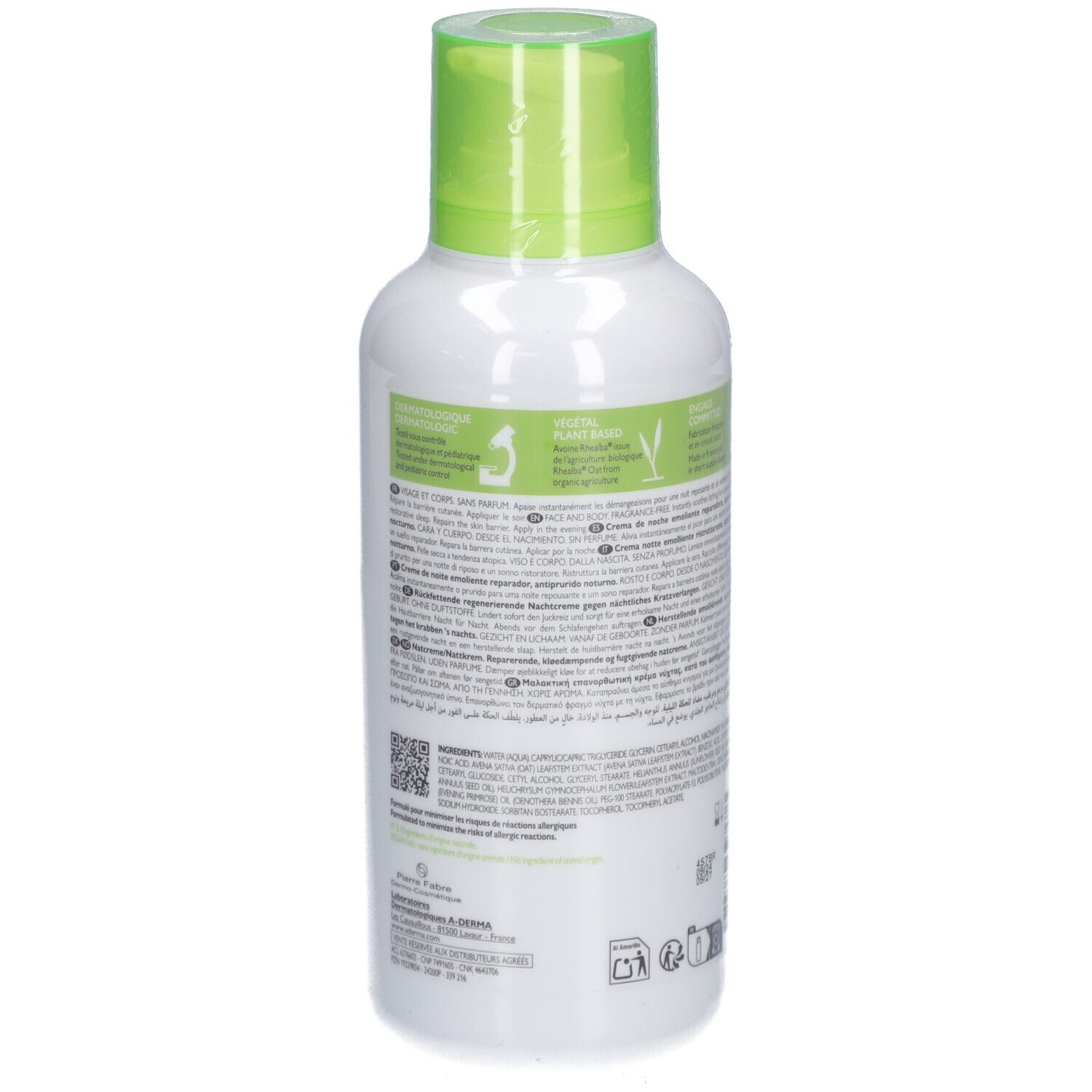 Rückseite der A-Derma Exomega Control Flasche. Text und Informationen zum Produkt.